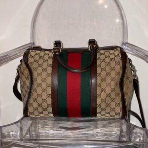 GUCCI Monogram Vintage Web Medium Boston Dark Brown